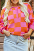 Checkered Balloon Sleeve Collared Henley Knit Sweater