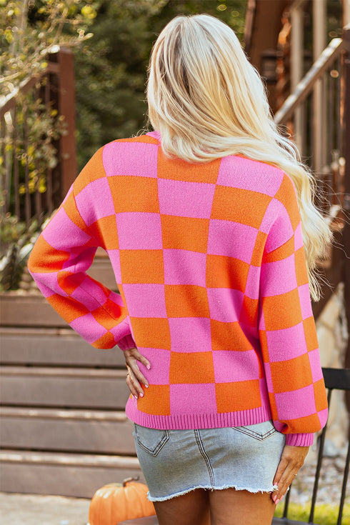 Checkered Balloon Sleeve Collared Henley Knit Sweater