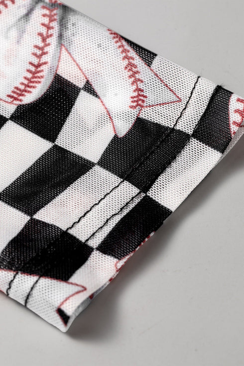 Checkered Baseball Bow Print High Neck Long Sleeve Mesh Top