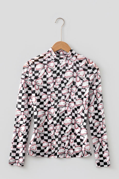 Checkered Baseball Bow Print High Neck Long Sleeve Mesh Top