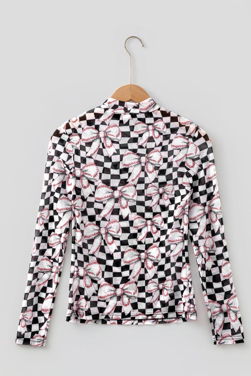 Checkered Baseball Bow Print High Neck Long Sleeve Mesh Top