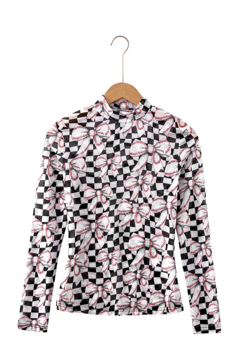 Checkered Baseball Bow Print High Neck Long Sleeve Mesh Top