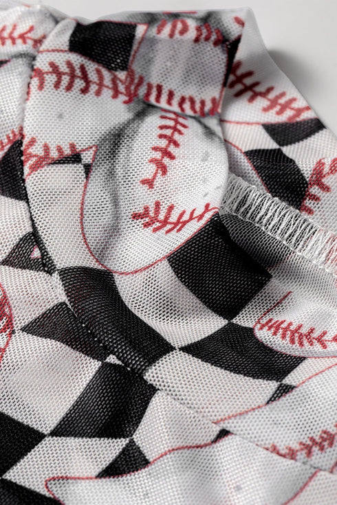 Checkered Baseball Bow Print High Neck Long Sleeve Mesh Top