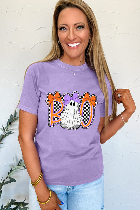 Checkered Bow Ghost Graphic Short Sleeve Tee