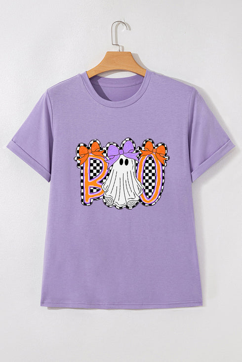Checkered Bow Ghost Graphic Short Sleeve Tee