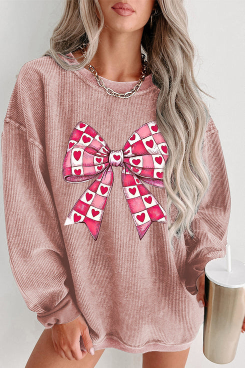 Checkered Bow Graphic Corded Crew Neck Pullover