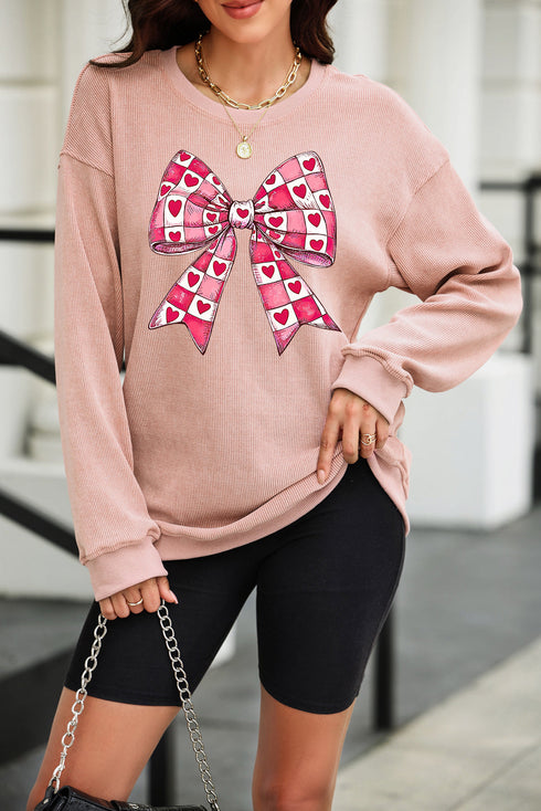 Checkered Bow Graphic Corded Crew Neck Pullover
