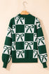 Checkered Bow Jacquard Drop Shoulder Balloon Sleeve Sweater