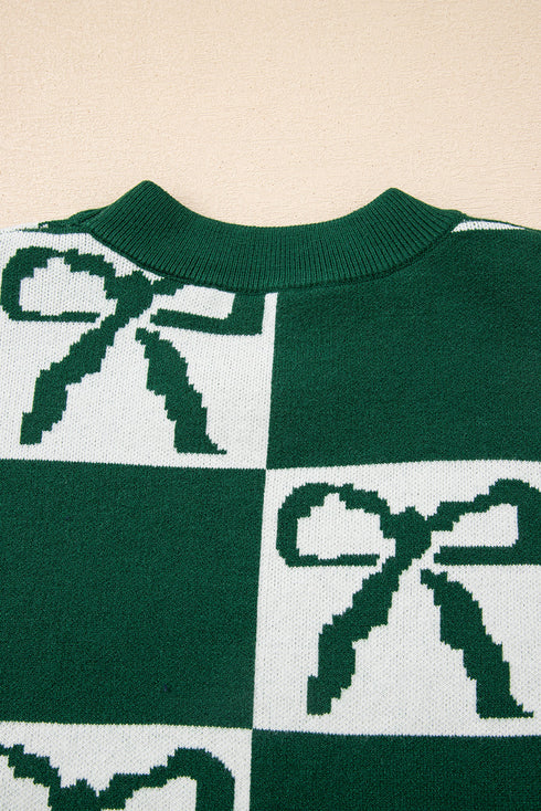 Checkered Bow Jacquard Drop Shoulder Balloon Sleeve Sweater
