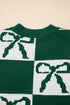 Checkered Bow Jacquard Drop Shoulder Balloon Sleeve Sweater