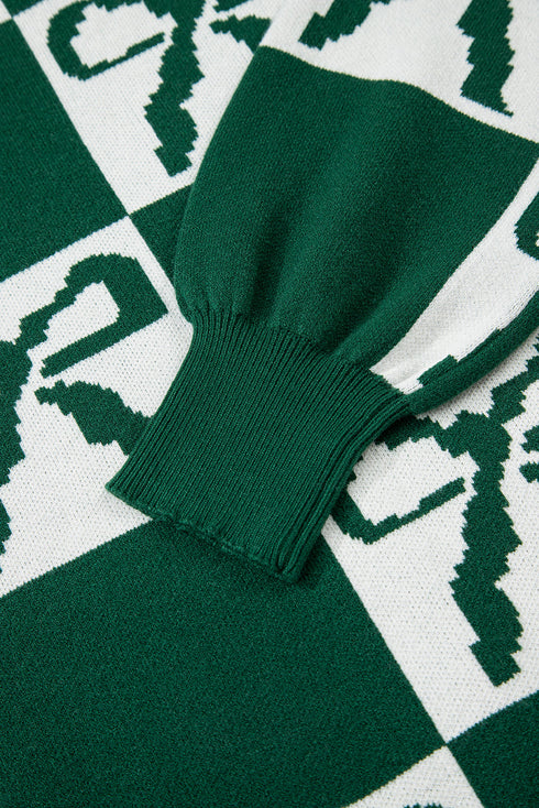 Checkered Bow Jacquard Drop Shoulder Balloon Sleeve Sweater