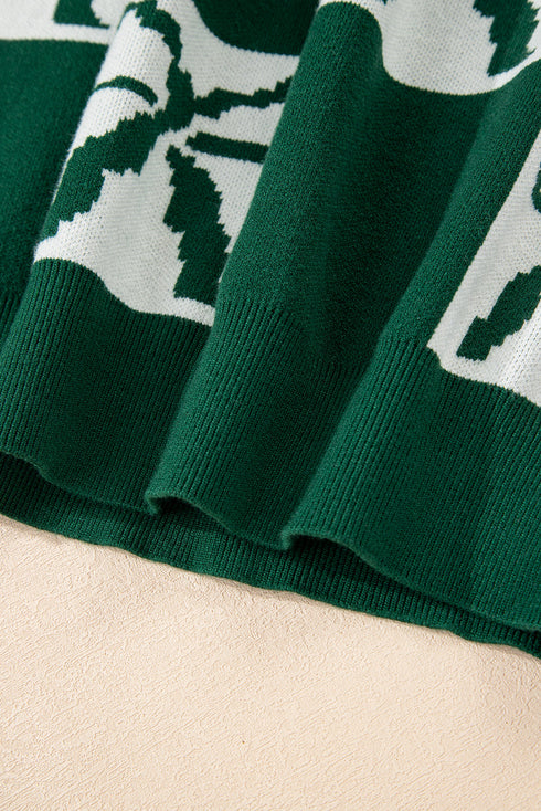 Checkered Bow Jacquard Drop Shoulder Balloon Sleeve Sweater