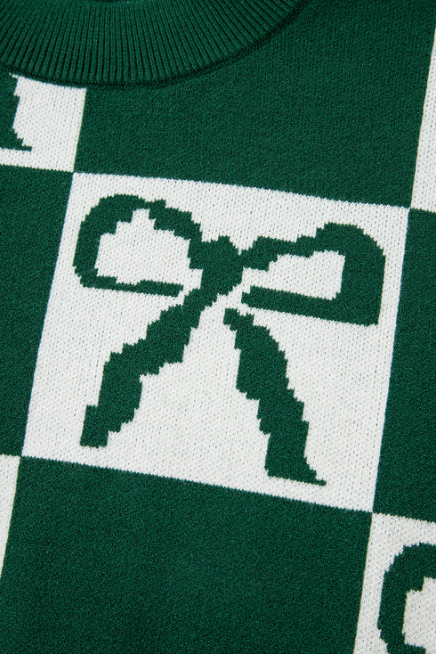 Checkered Bow Jacquard Drop Shoulder Balloon Sleeve Sweater