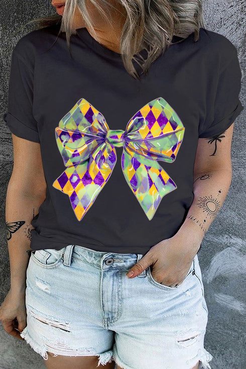 Checkered Bow Knot Print O Neck Plus Size T Shirt