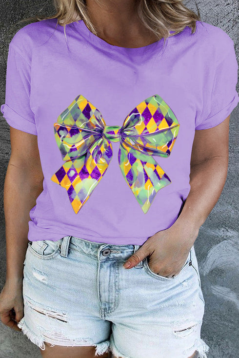 Checkered Bow Knot Print O Neck Plus Size T Shirt