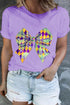 Checkered Bow Knot Print O Neck Plus Size T Shirt