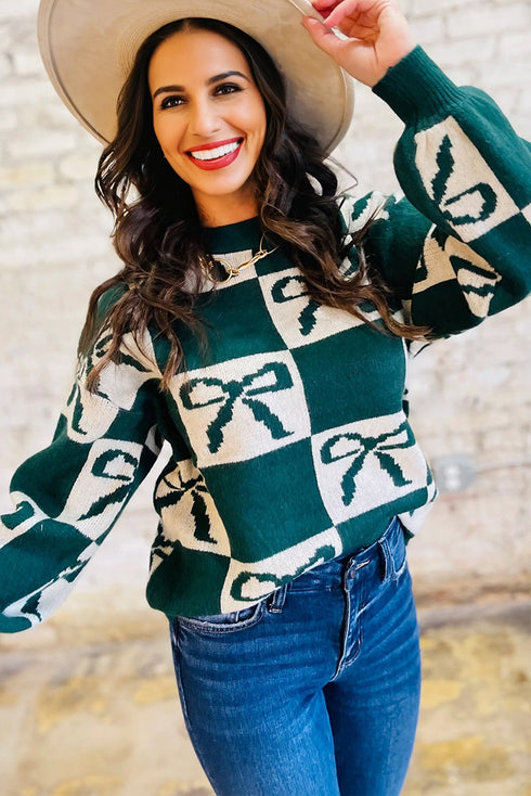 Checkered Bow Motif Crew Neck Pullover Sweater