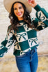 Checkered Bow Motif Crew Neck Pullover Sweater