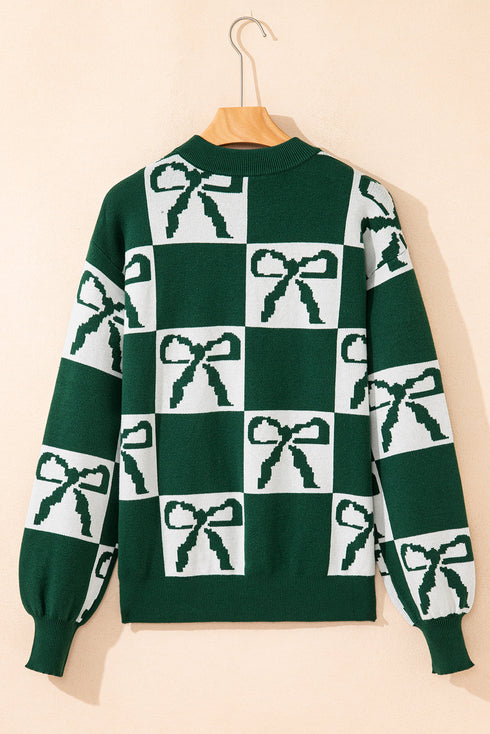 Checkered Bow Motif Crew Neck Pullover Sweater