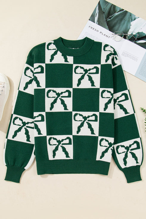 Checkered Bow Motif Crew Neck Pullover Sweater