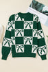Checkered Bow Motif Crew Neck Pullover Sweater