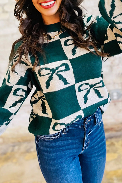 Checkered Bow Motif Crew Neck Pullover Sweater