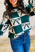 Checkered Bow Motif Crew Neck Pullover Sweater