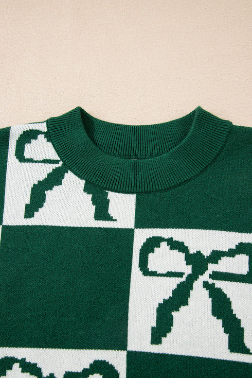 Checkered Bow Motif Crew Neck Pullover Sweater