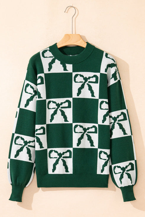 Checkered Bow Motif Crew Neck Pullover Sweater