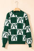 Checkered Bow Motif Crew Neck Pullover Sweater