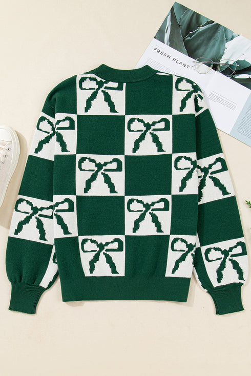 Checkered Bow Motif Crew Neck Pullover Sweater