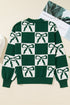 Checkered Bow Motif Crew Neck Pullover Sweater