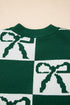 Checkered Bow Motif Crew Neck Pullover Sweater