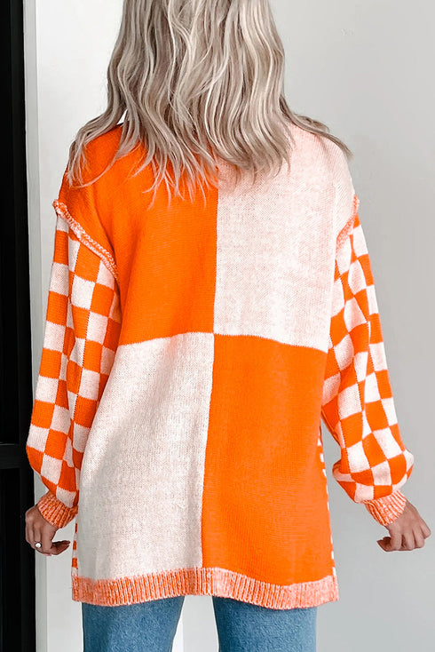 Checkered Bubble Sleeve Drop Shoulder Open Front Cardigan
