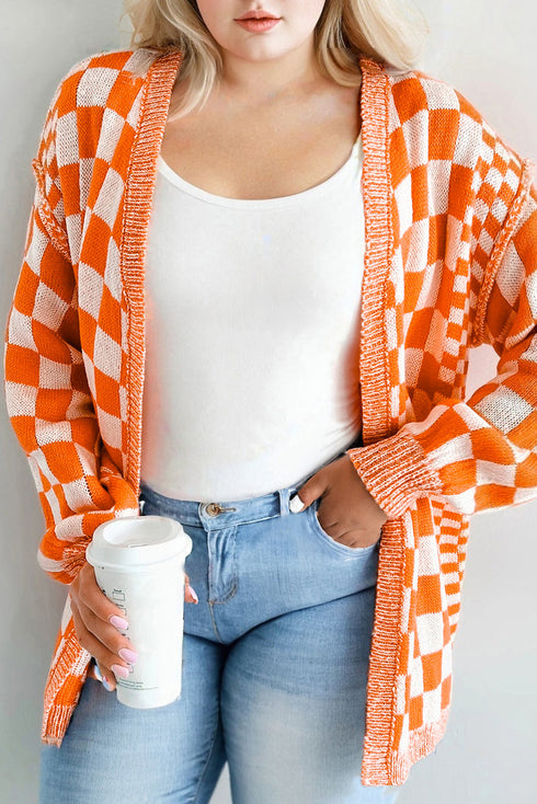 Checkered Bubble Sleeve Drop Shoulder Open Front Cardigan