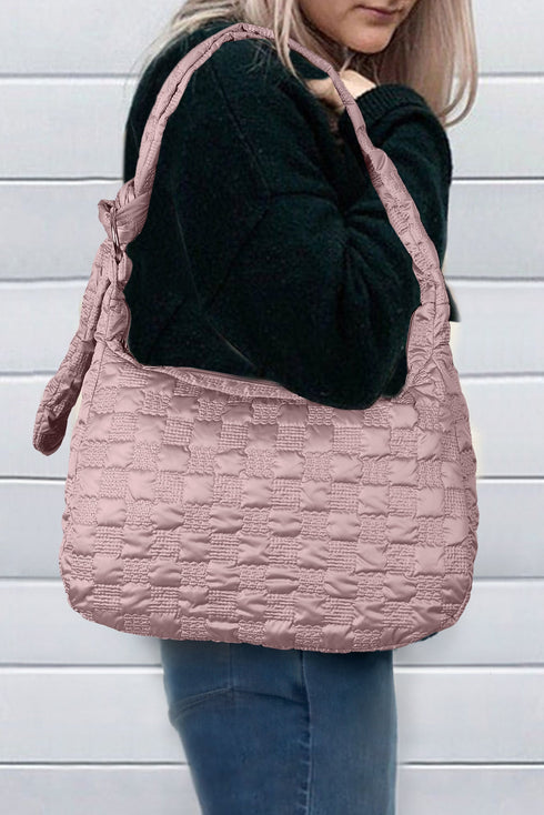 Checkered Bubble Textured Oxford Fabric Zip Tote Bag
