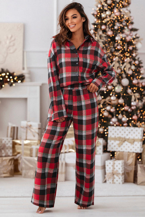 Checkered Button Up Shirt And Wide Leg Pant Lounge Set