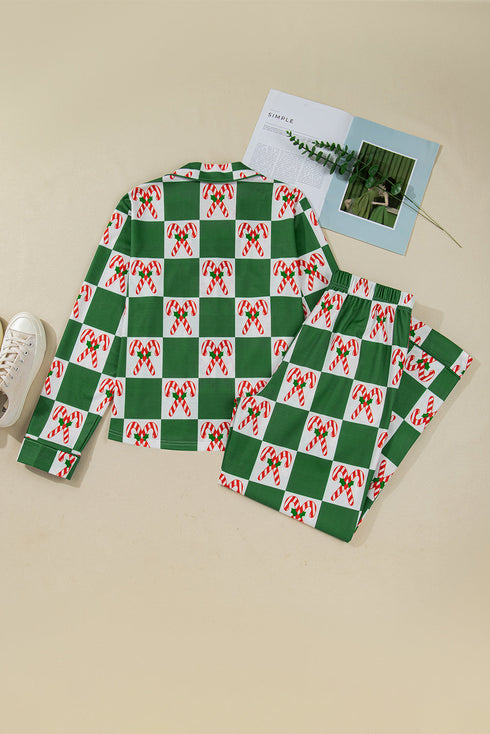 Checkered Candy Cane Notched Collar Button Front Pajama Set