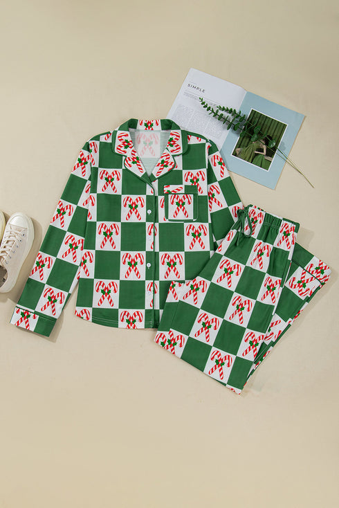 Checkered Candy Cane Notched Collar Button Front Pajama Set