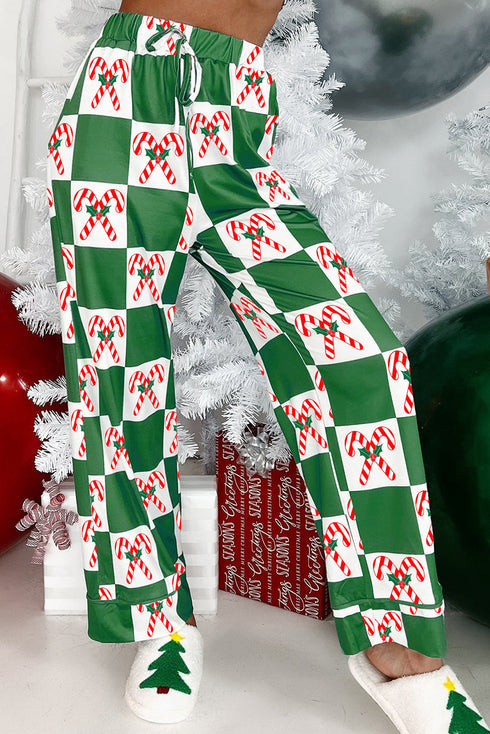 Checkered Candy Cane Notched Collar Button Front Pajama Set