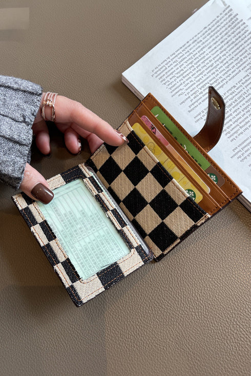 Checkered Canvas Patchwork Snap Button Card Storage Wallet