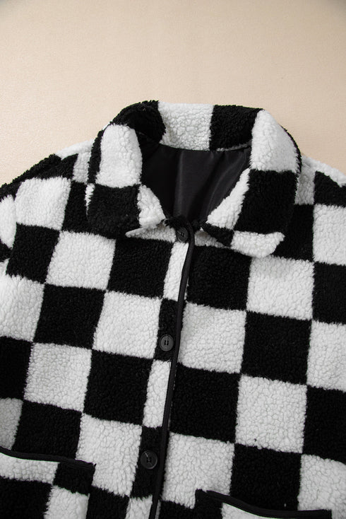Checkered Collared Buttoned Side Pocket Fleece Jacket