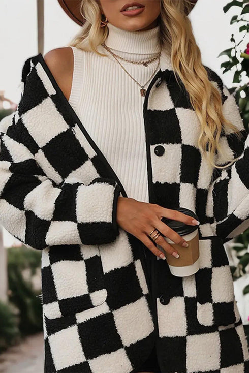 Checkered Collared Buttoned Side Pocket Fleece Jacket