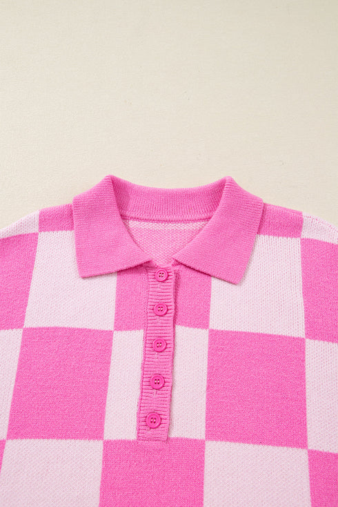 Checkered Collared Half Button Drop Shoulder Pullover Sweater