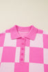 Checkered Collared Half Button Drop Shoulder Pullover Sweater