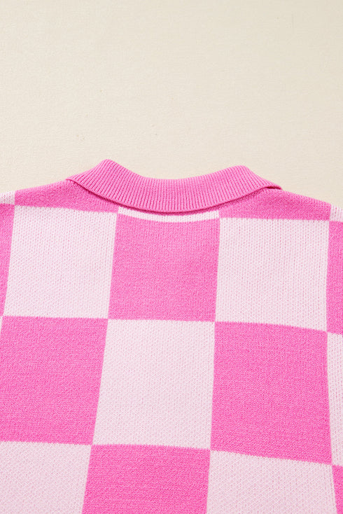 Checkered Collared Half Button Drop Shoulder Pullover Sweater