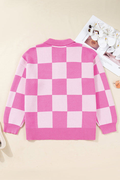 Checkered Collared Half Button Drop Shoulder Pullover Sweater