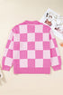 Checkered Collared Half Button Drop Shoulder Pullover Sweater