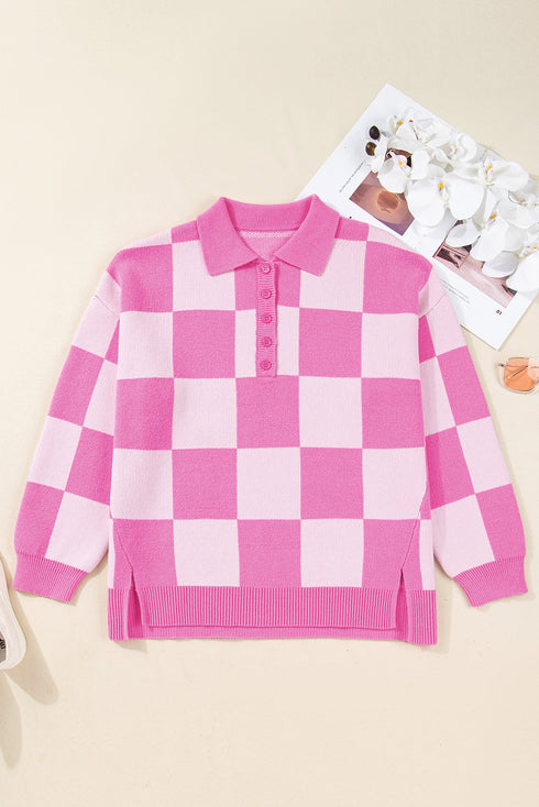 Checkered Collared Half Button Drop Shoulder Pullover Sweater