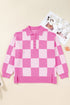 Checkered Collared Half Button Drop Shoulder Pullover Sweater